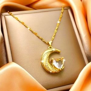 GOLD MOON AND HEART RHINESTONE CHARM NECKLACE